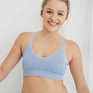 Aerie Seamless Strappy Padded Bralette, Light Blue Ribbed Sports